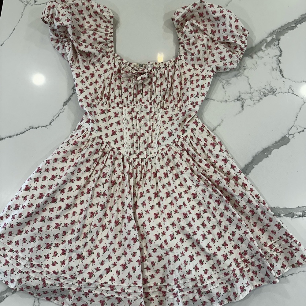 Row A Floral Puff Sleeve Mini Dress Size M Cottagecore Smocked Bodice Lined